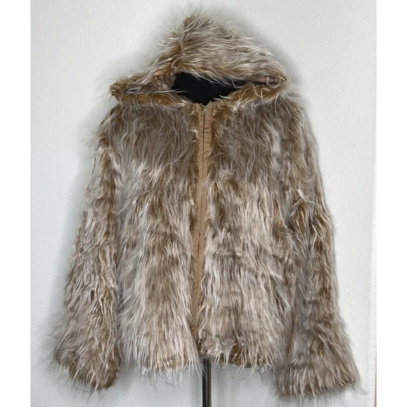 Basic Pleasure Mode Tundra Hooded Faux Fur Jacket Brown And White